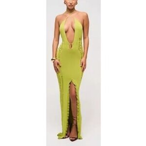 Murci Women's Lime Green Deep V Halter Neck Knitted Maxi Dress Size M NWT